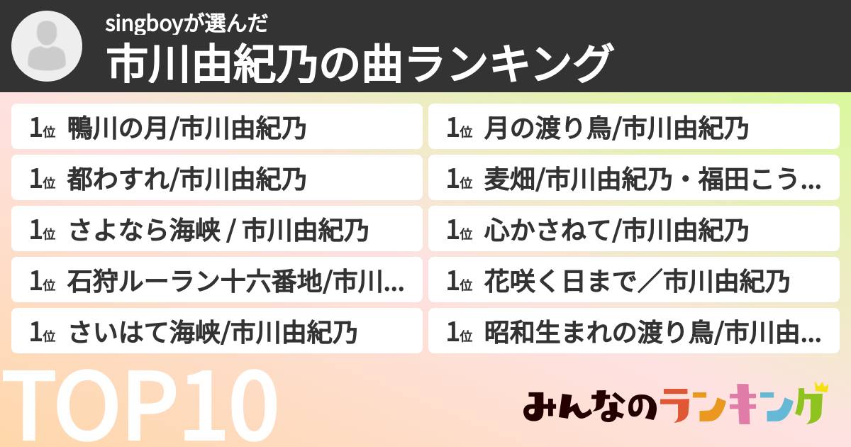 singboyさんの「市川由紀乃の曲ランキング」