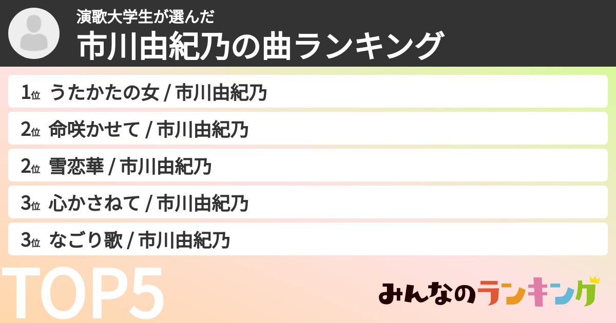 演歌大学生さんの「市川由紀乃の曲ランキング」