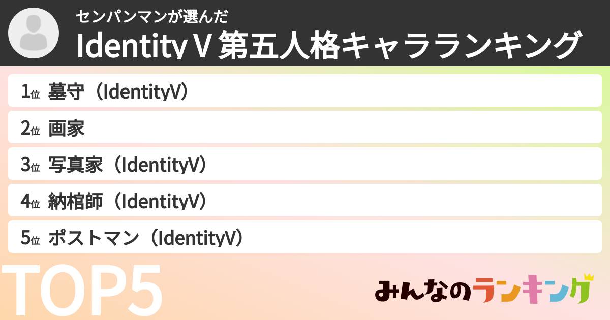 センパンマンさんの「Identity V 第五人格キャラランキング」