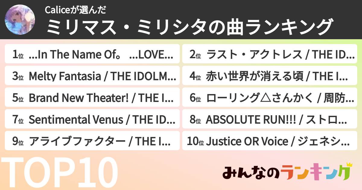 Caliceさんの「ミリマス・ミリシタの曲ランキング」