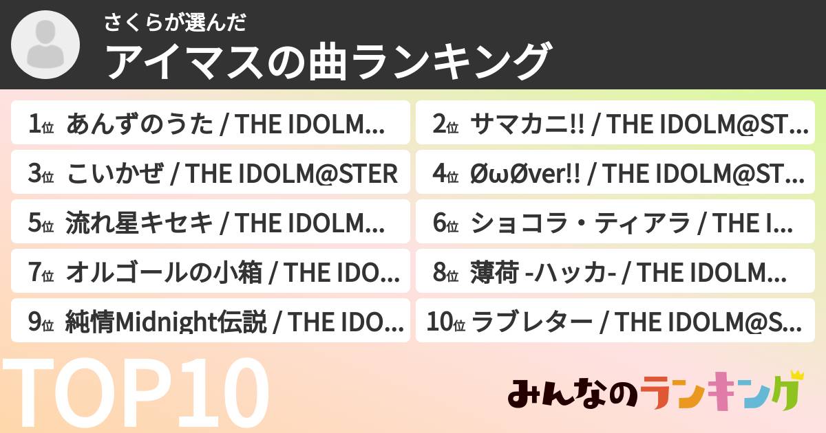 さくらさんの「アイマスの曲ランキング」