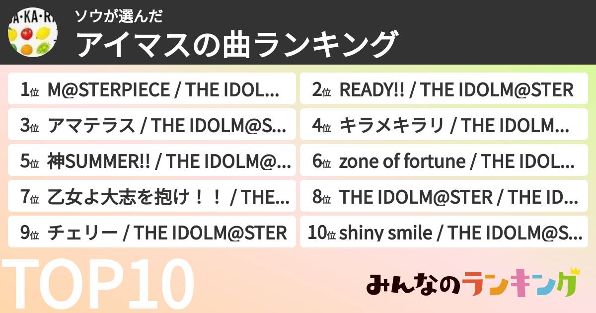 ソウさんの「アイマスの曲ランキング」