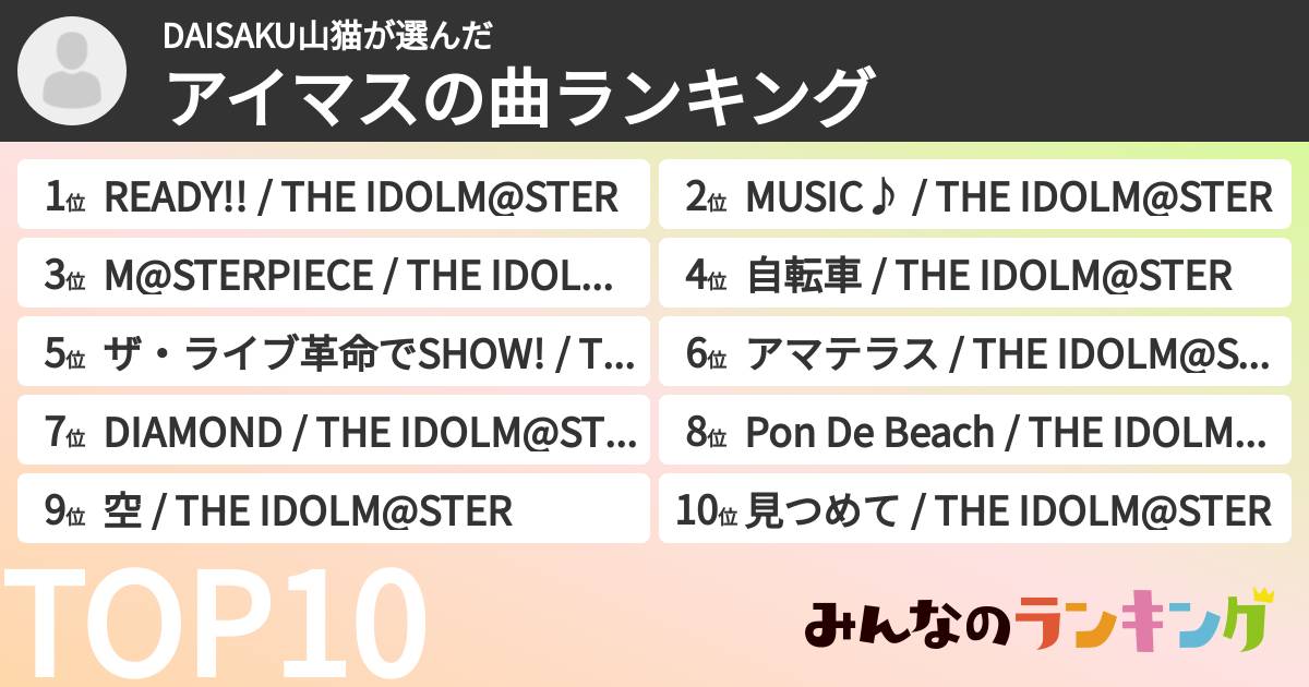 DAISAKU山猫さんの「アイマスの曲ランキング」