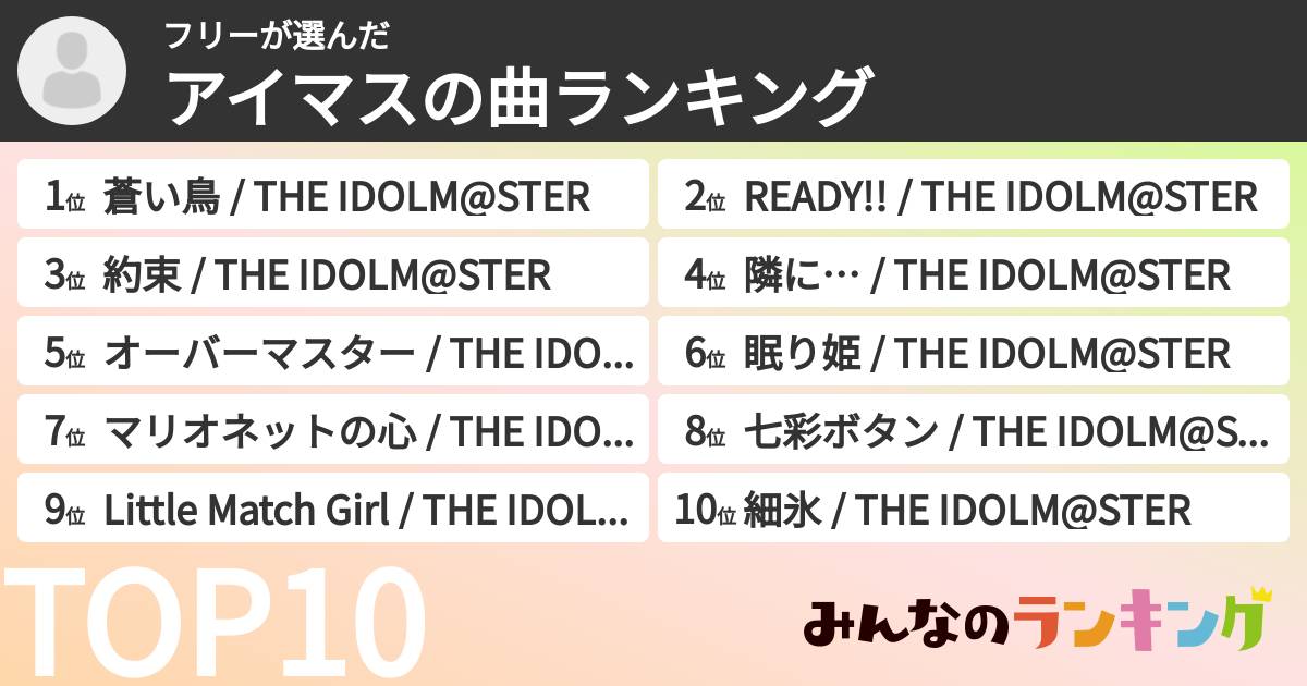 フリーさんの「アイマスの曲ランキング」