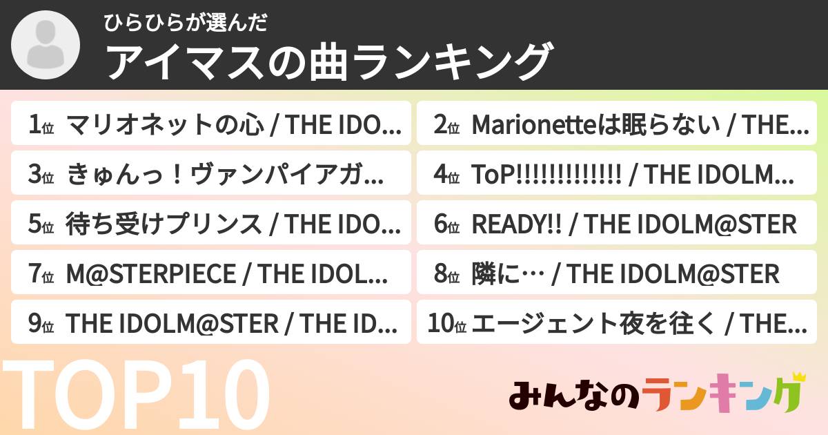 ひらひらさんの「アイマスの曲ランキング」
