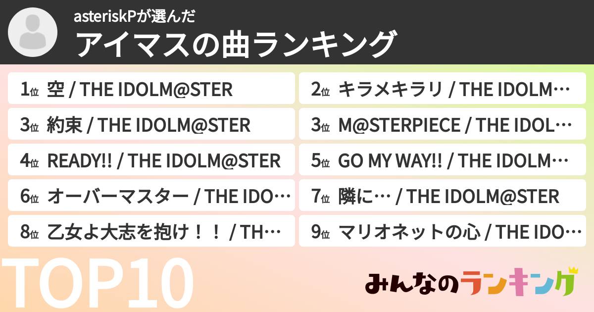 asteriskPさんの「アイマスの曲ランキング」