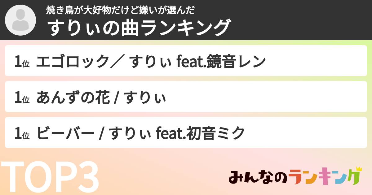 焼き鳥が大好物だけど嫌いさんの「すりぃの曲ランキング」