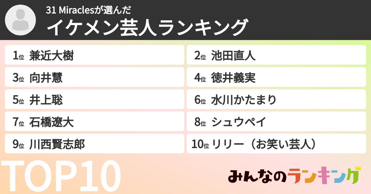 31 Miraclesさんの「イケメン芸人ランキング」