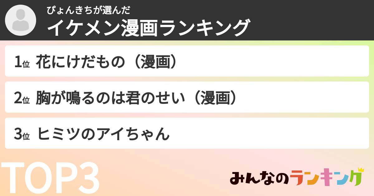 ぴょんきちさんの「イケメン漫画ランキング」