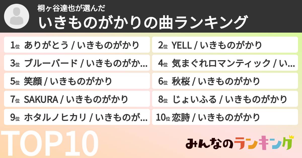 桐ヶ谷達也さんの「いきものがかりの曲ランキング」