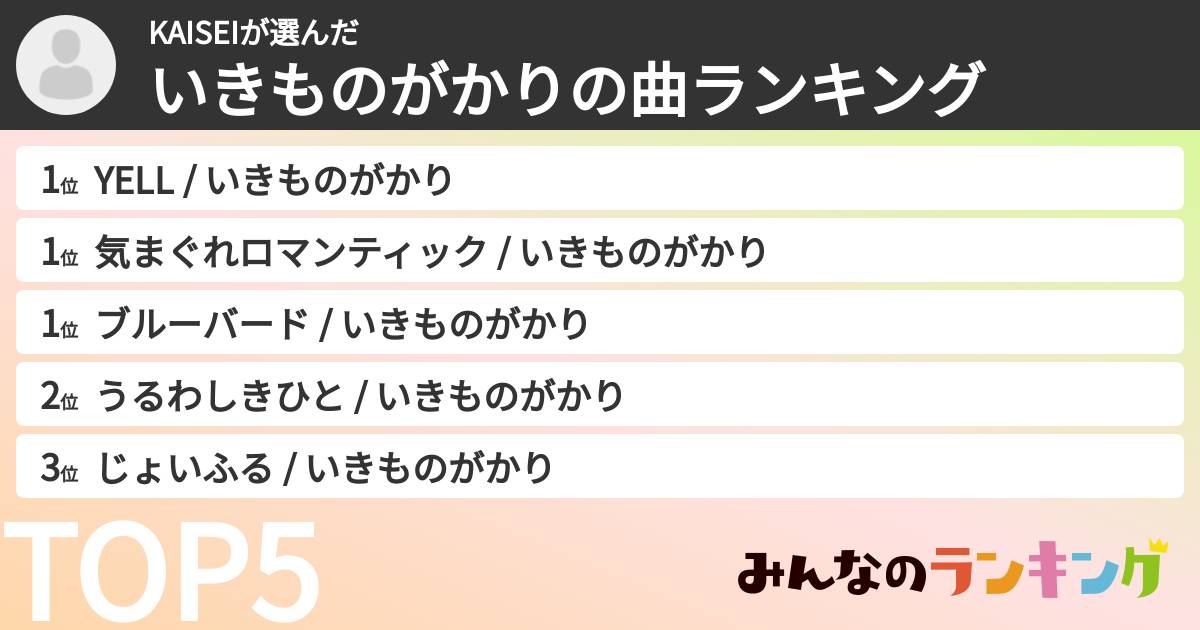 KAISEIさんの「いきものがかりの曲ランキング」
