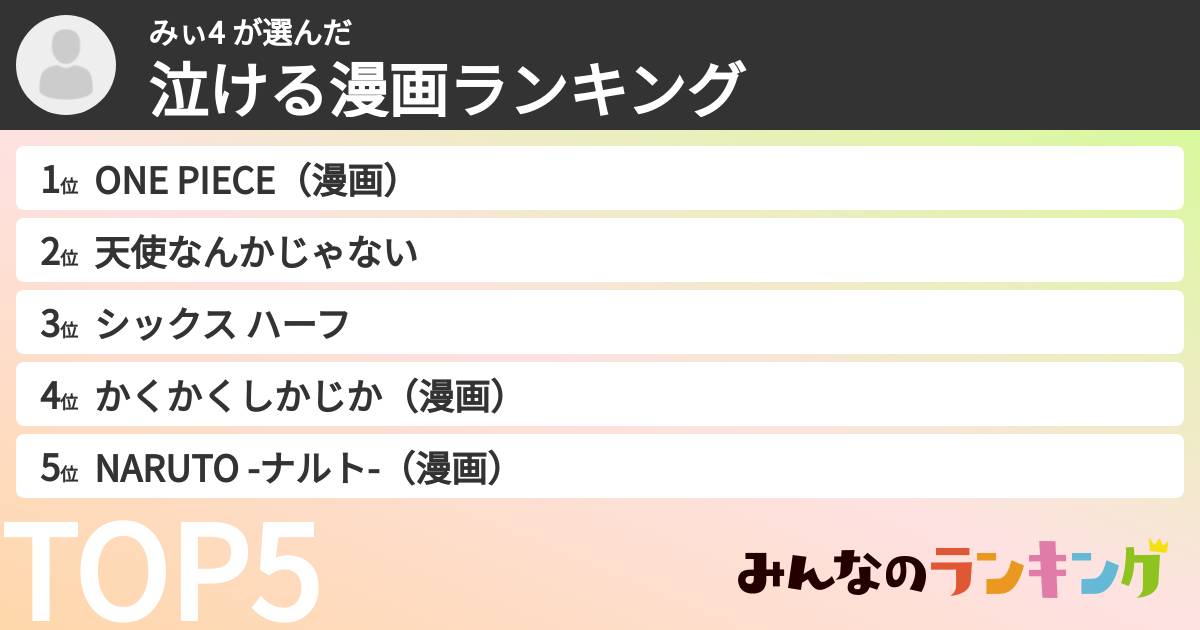 みぃ4 さんの「泣ける漫画ランキング」