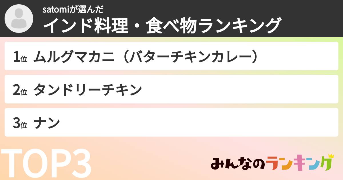 satomiさんの「インド料理・食べ物ランキング」