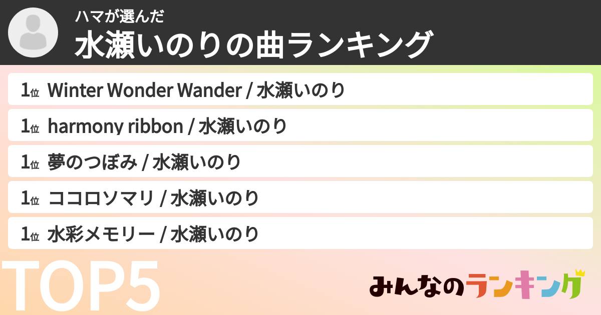 ハマさんの「水瀬いのりの曲ランキング」