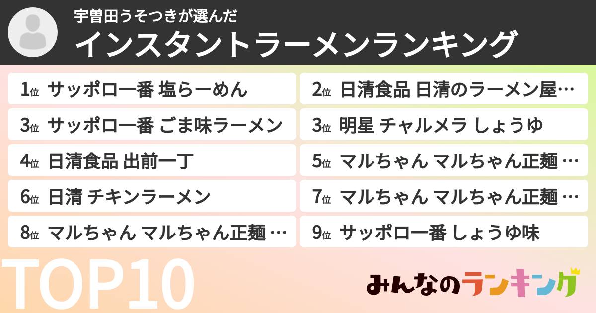 宇曽田うそつきさんの「インスタントラーメンランキング」