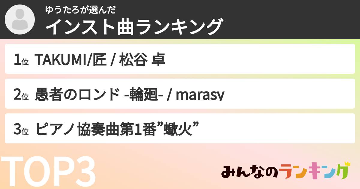 ゆうたろさんの「インスト曲ランキング」
