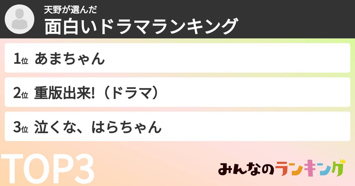 天野さんの「面白いドラマランキング」
