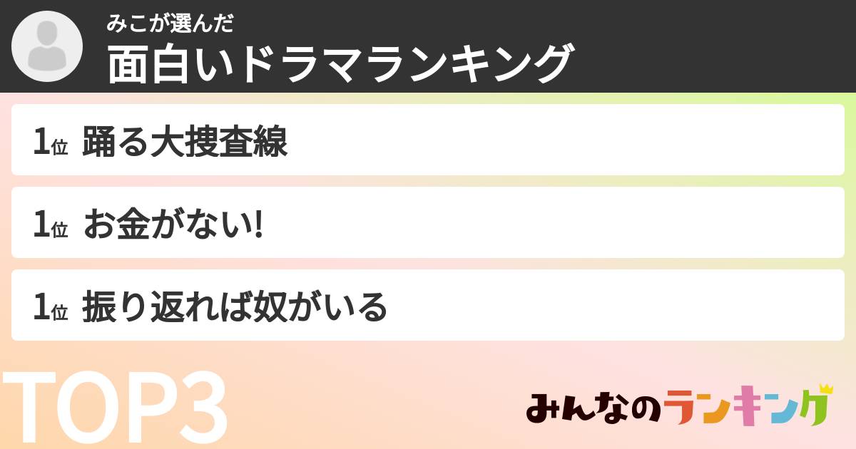 みこさんの「面白いドラマランキング」