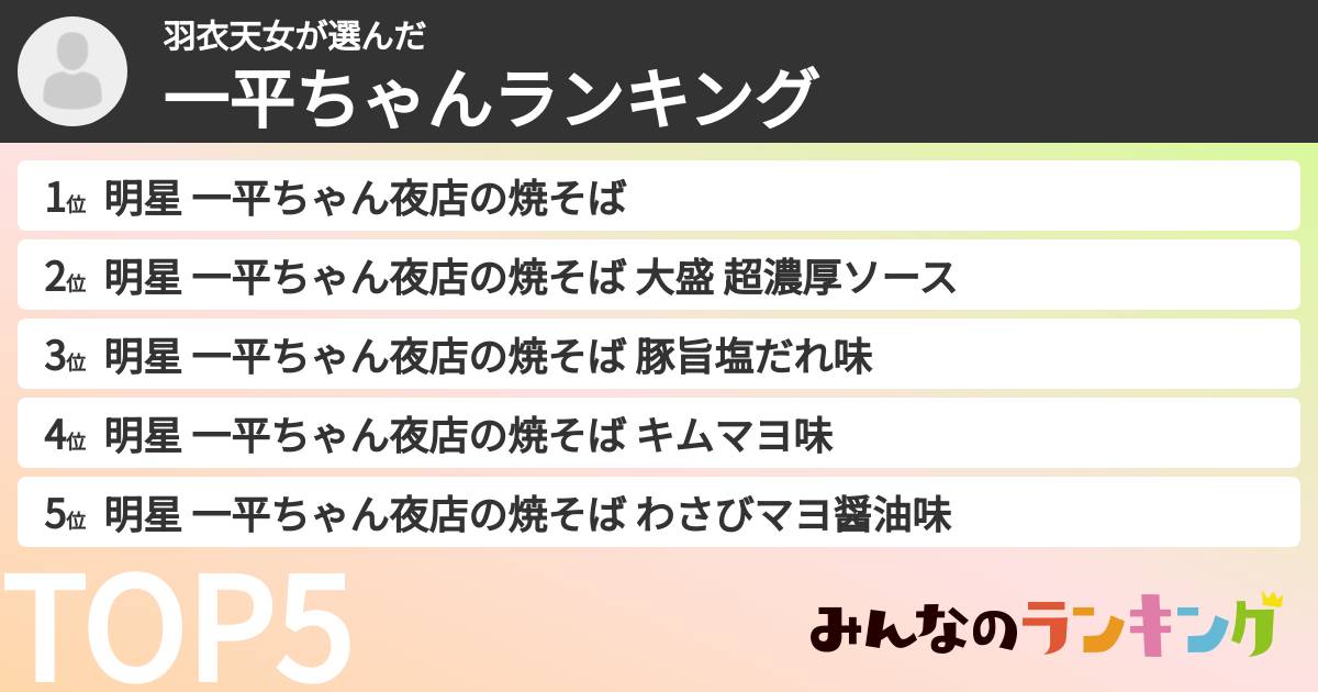 羽衣天女さんの「一平ちゃんランキング」