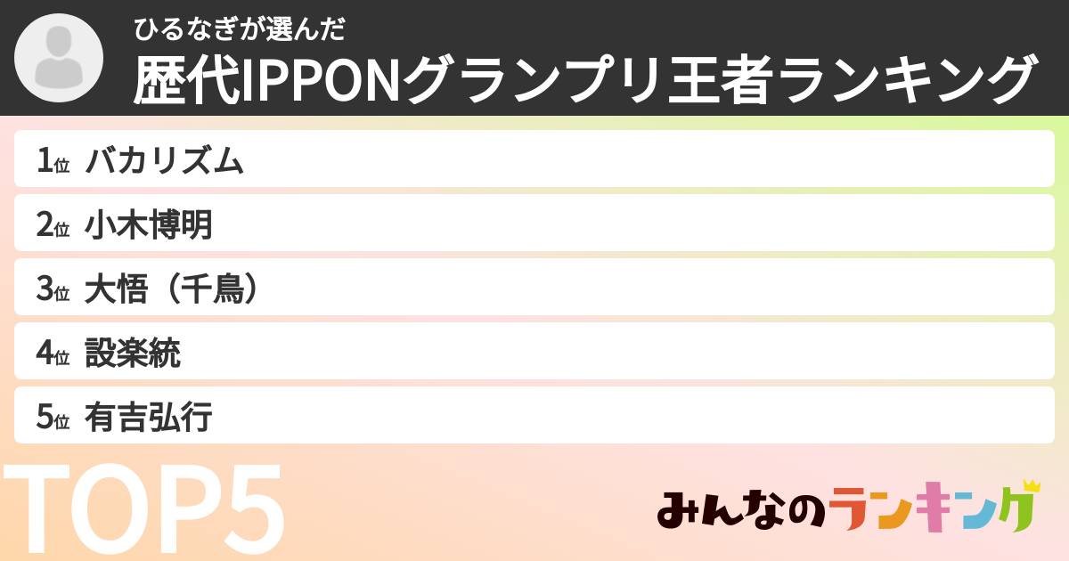 ひるなぎさんの「歴代IPPONグランプリ王者ランキング」
