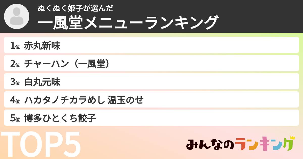 ぬくぬく姫子さんの「一風堂メニューランキング」