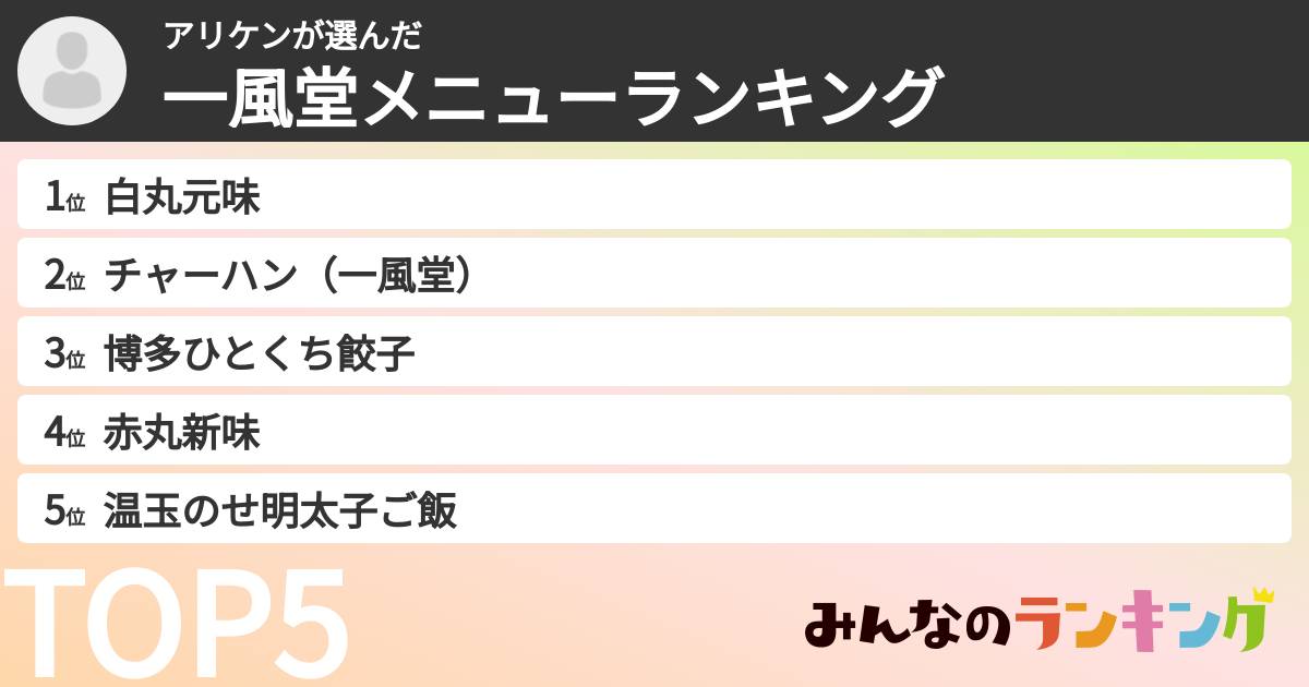 アリケンさんの「一風堂メニューランキング」