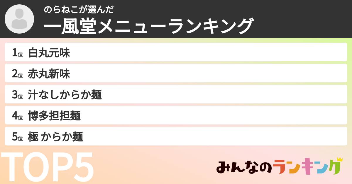 のらねこさんの「一風堂メニューランキング」
