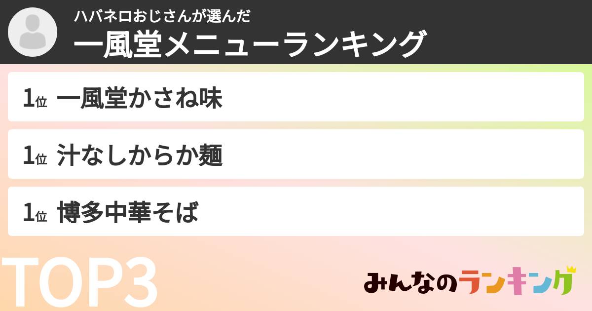 ハバネロおじさんさんの「一風堂メニューランキング」