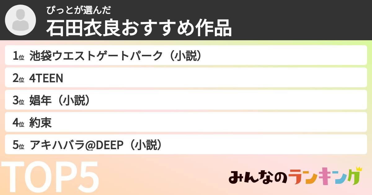ぴっとさんの「石田衣良おすすめ作品」