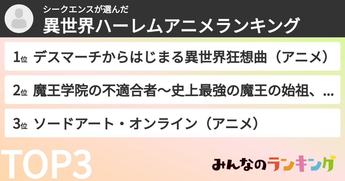 シークエンスさんの「異世界ハーレムアニメランキング」