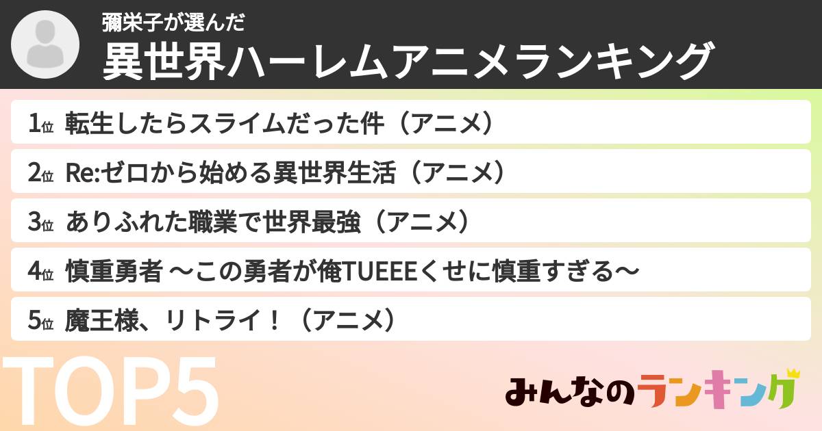 彌栄子さんの「異世界ハーレムアニメランキング」