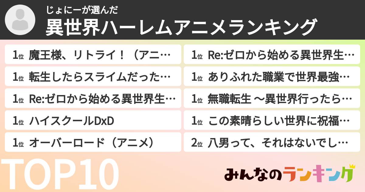 じょにーさんの「異世界ハーレムアニメランキング」