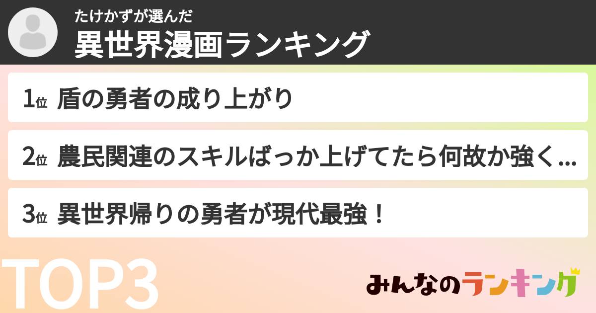 たけかずさんの「異世界漫画ランキング」