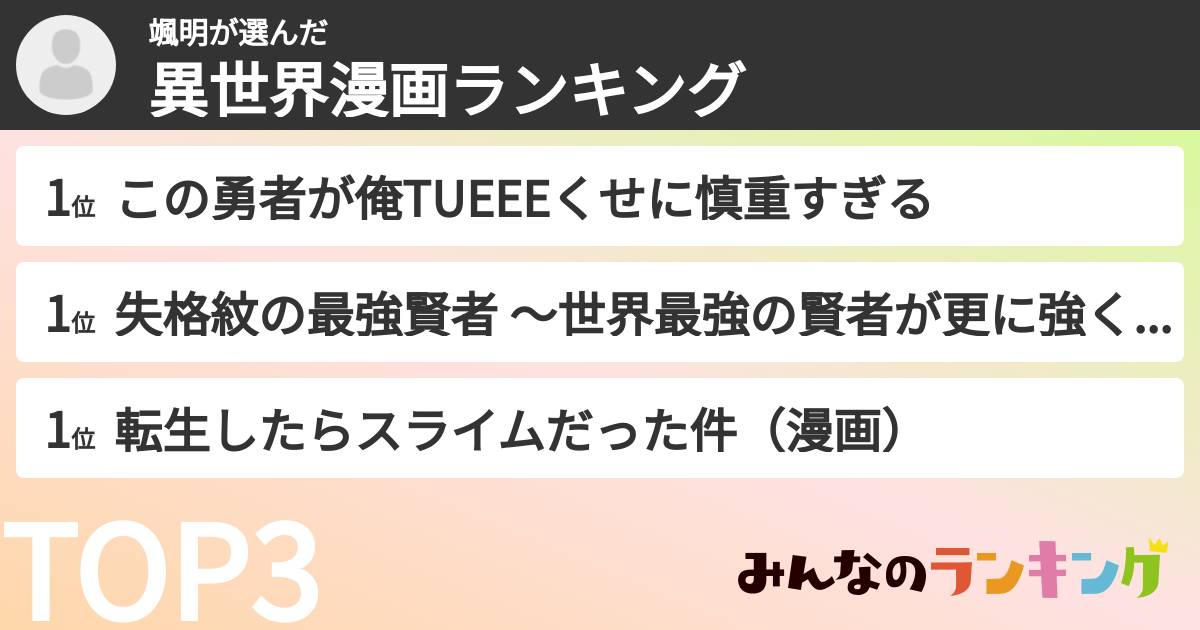 颯明さんの「異世界漫画ランキング」