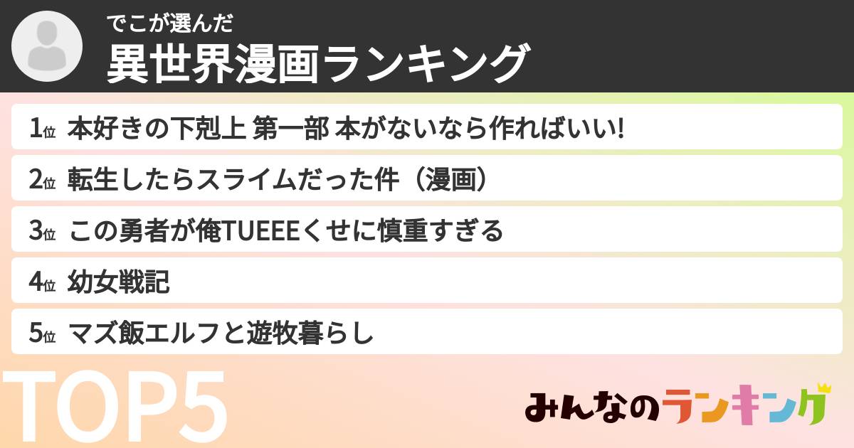 でこさんの「異世界漫画ランキング」