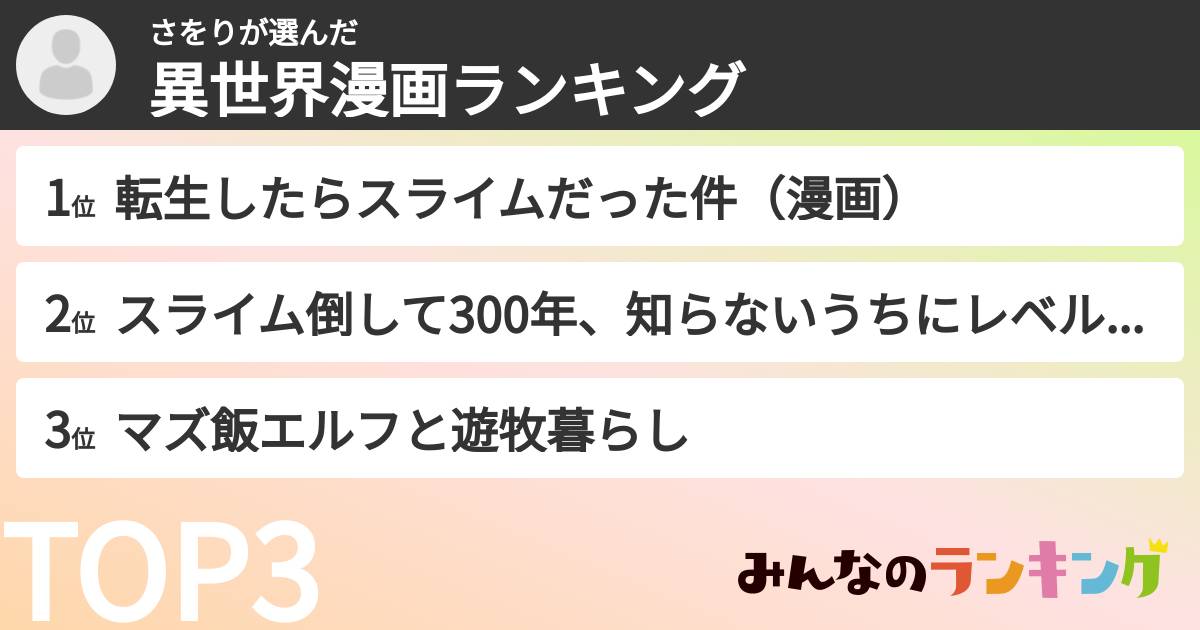 さをりさんの「異世界漫画ランキング」