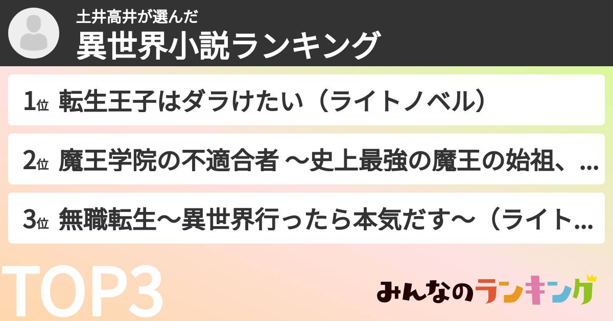 土井高井さんの「異世界小説ランキング」
