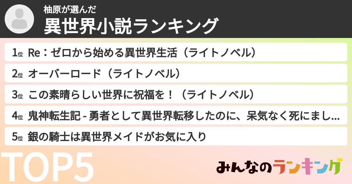 柚原さんの「異世界小説ランキング」