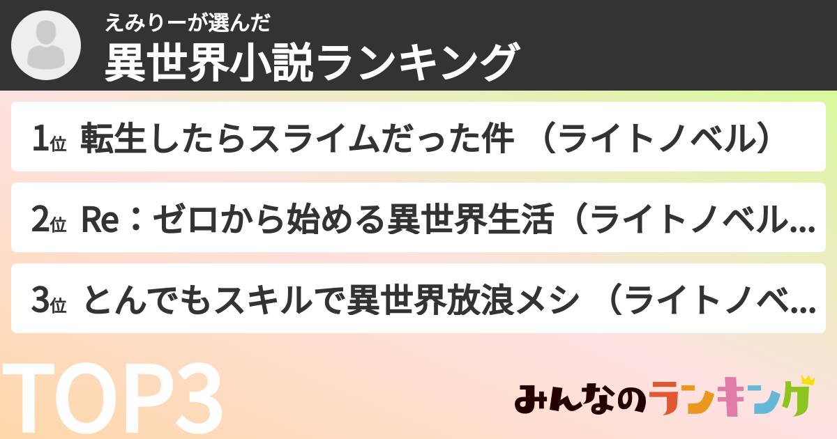 えみりーさんの「異世界小説ランキング」