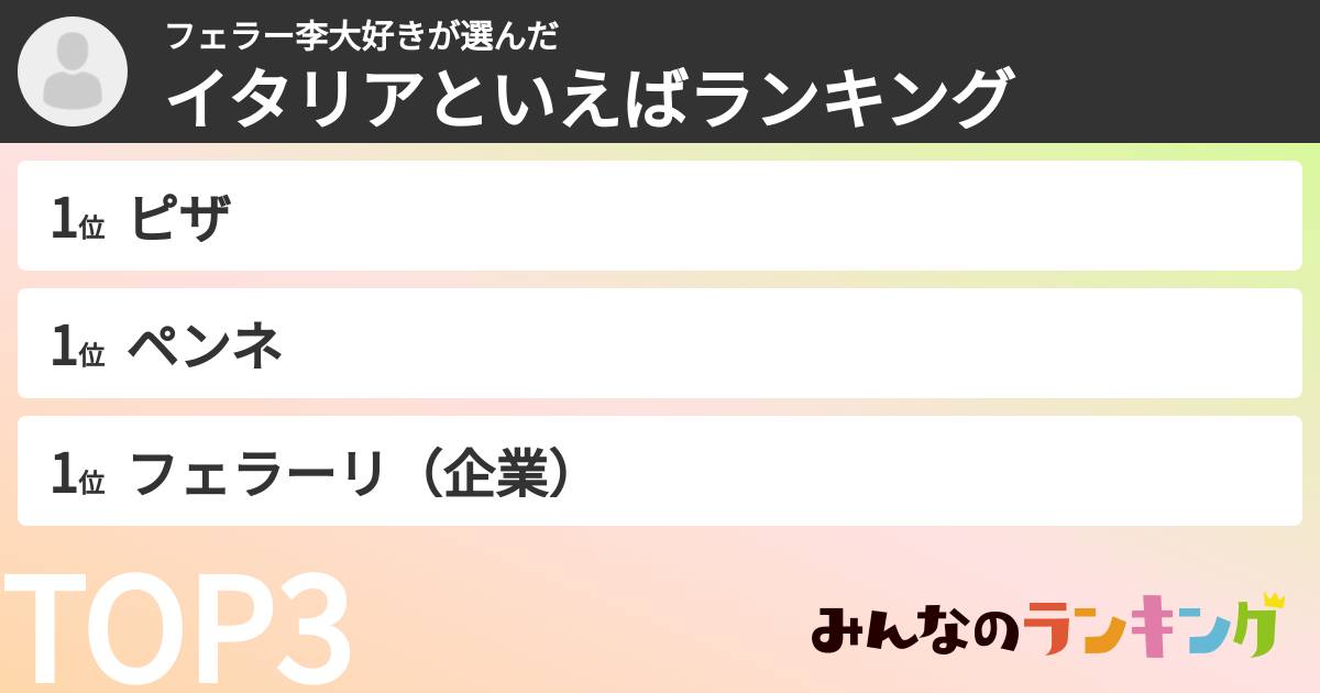 フェラー李大好きさんの「イタリアといえばランキング」