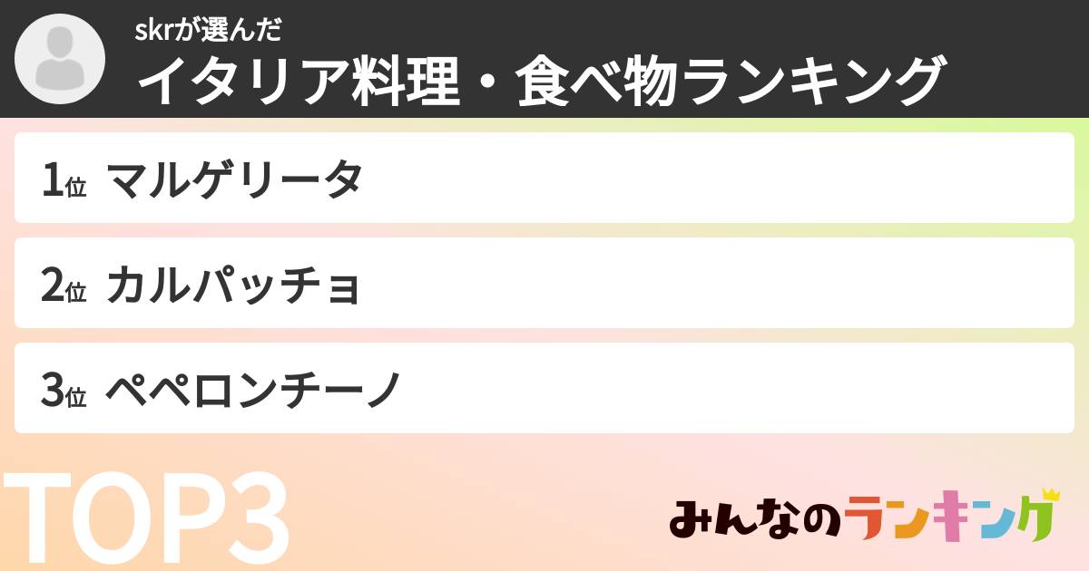 skrさんの「イタリア料理・食べ物ランキング」