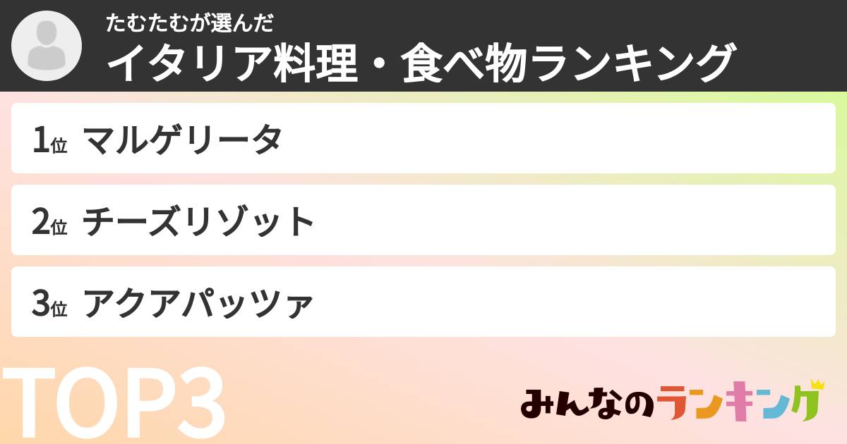 たむたむさんの「イタリア料理・食べ物ランキング」