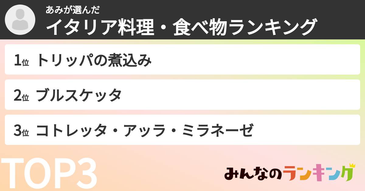 あみさんの「イタリア料理・食べ物ランキング」