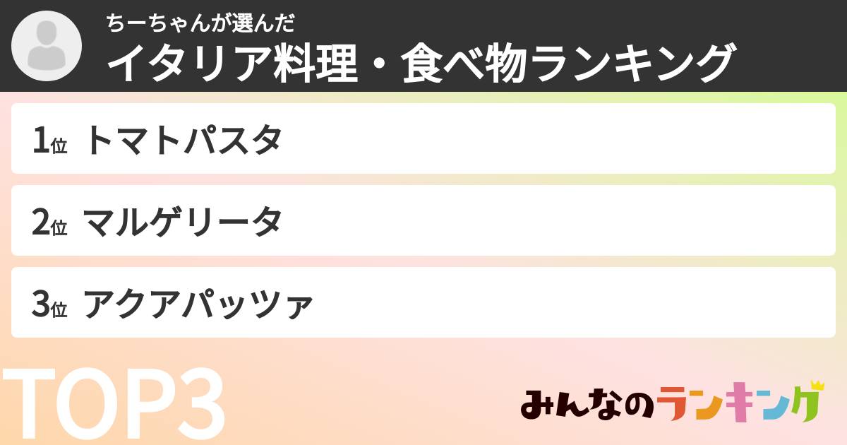 ちーちゃんさんの「イタリア料理・食べ物ランキング」