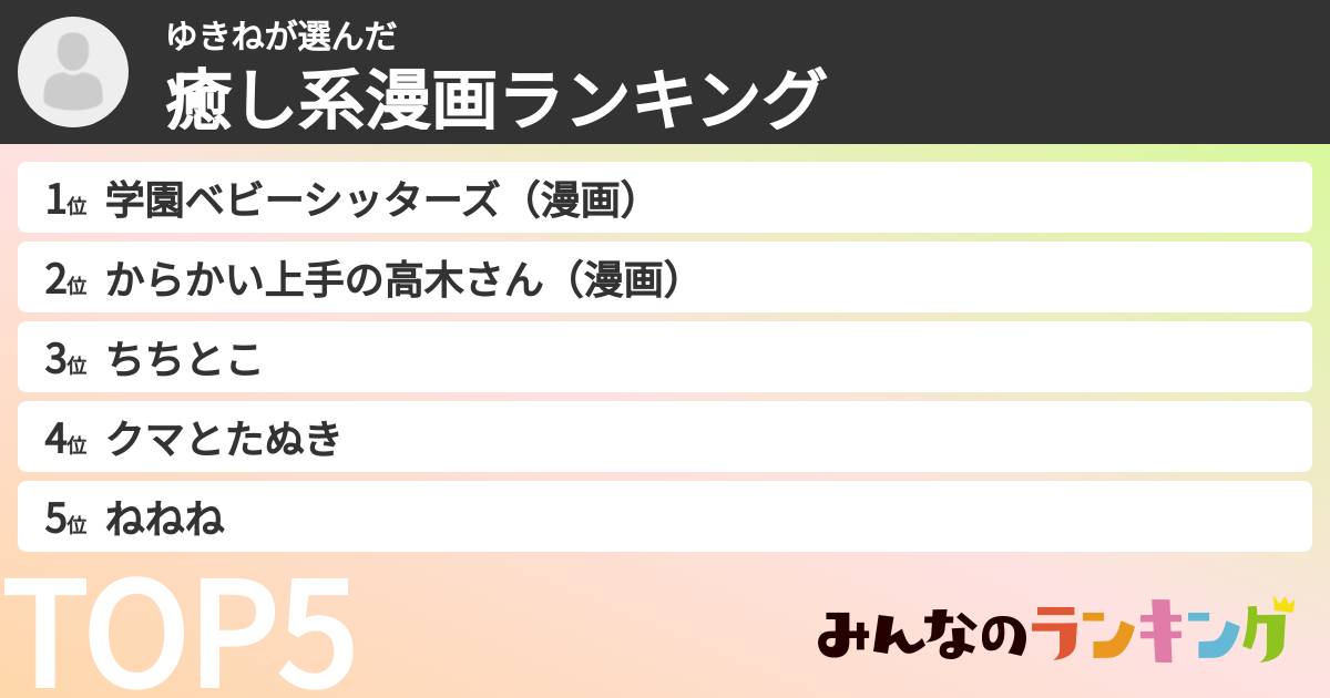 ゆきねさんの「癒し系漫画ランキング」
