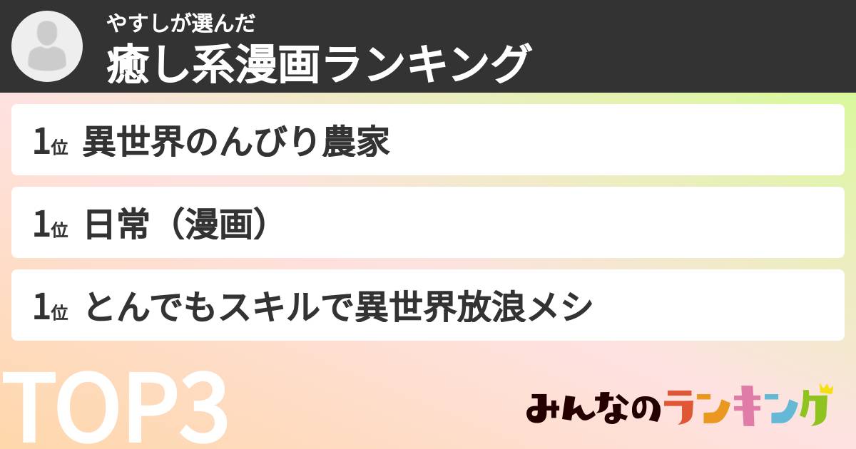 やすしさんの「癒し系漫画ランキング」