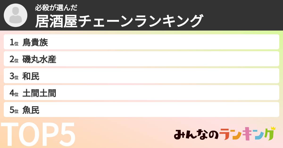 必殺さんの「居酒屋チェーンランキング」