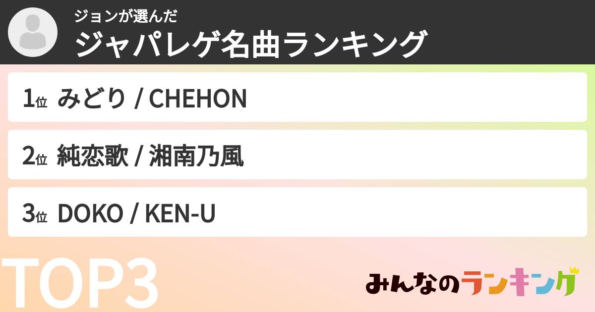 ジョンさんの「ジャパレゲ名曲ランキング」