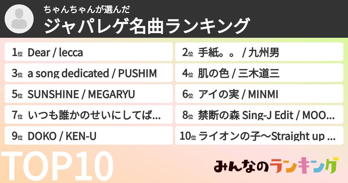 ちゃんちゃんさんの「ジャパレゲ名曲ランキング」