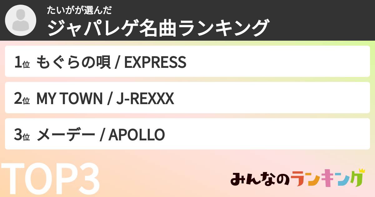 たいがさんの「ジャパレゲ名曲ランキング」